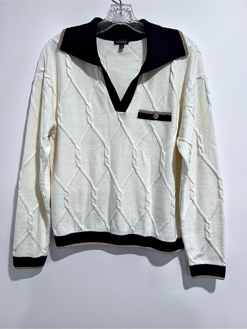 Talbots Lattice Cable Johnny Collar Sweater Ivory & Navy Gold Trim M